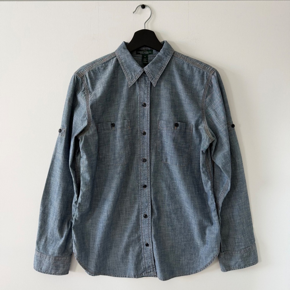 Lauren Ralph Lauren Blue Chambray Roll Tab Button Down Shirt Womens Medium